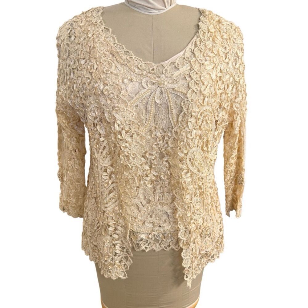 S.M. Collection Lace Shell & Cardigan Sequins Pearls Beads 2 PCS Shell Med Cardi